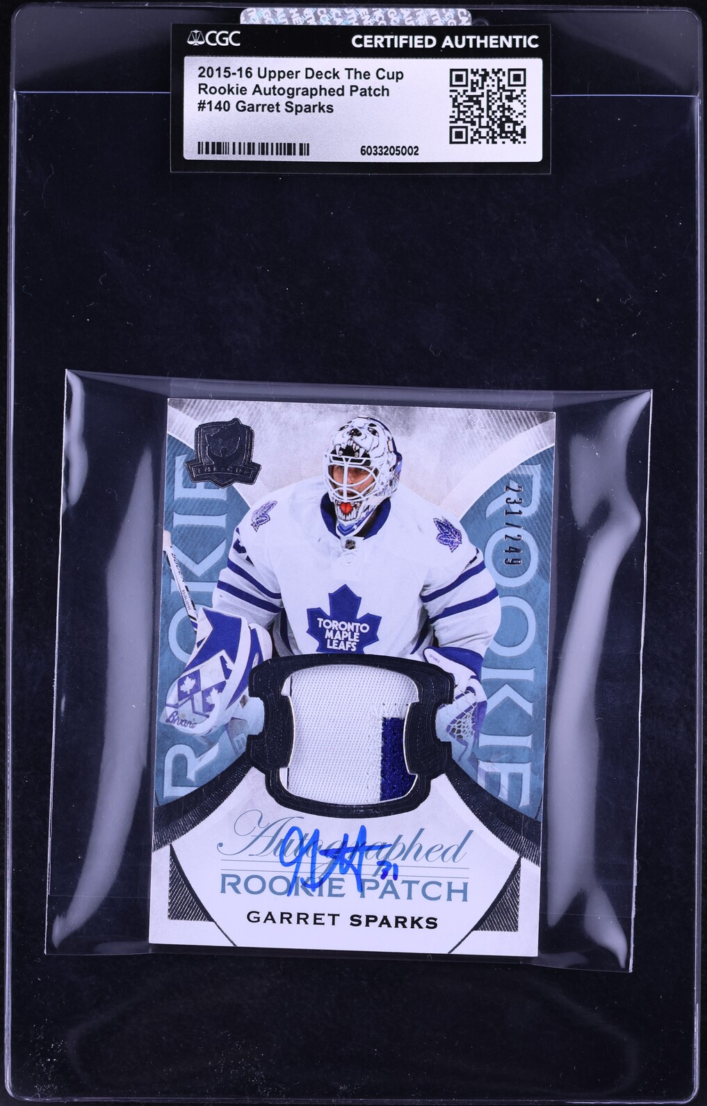 2015 Upper Deck The Cup Garret Sparks ROOKIE PATCH AUTO /249 #140 CGC AUTH