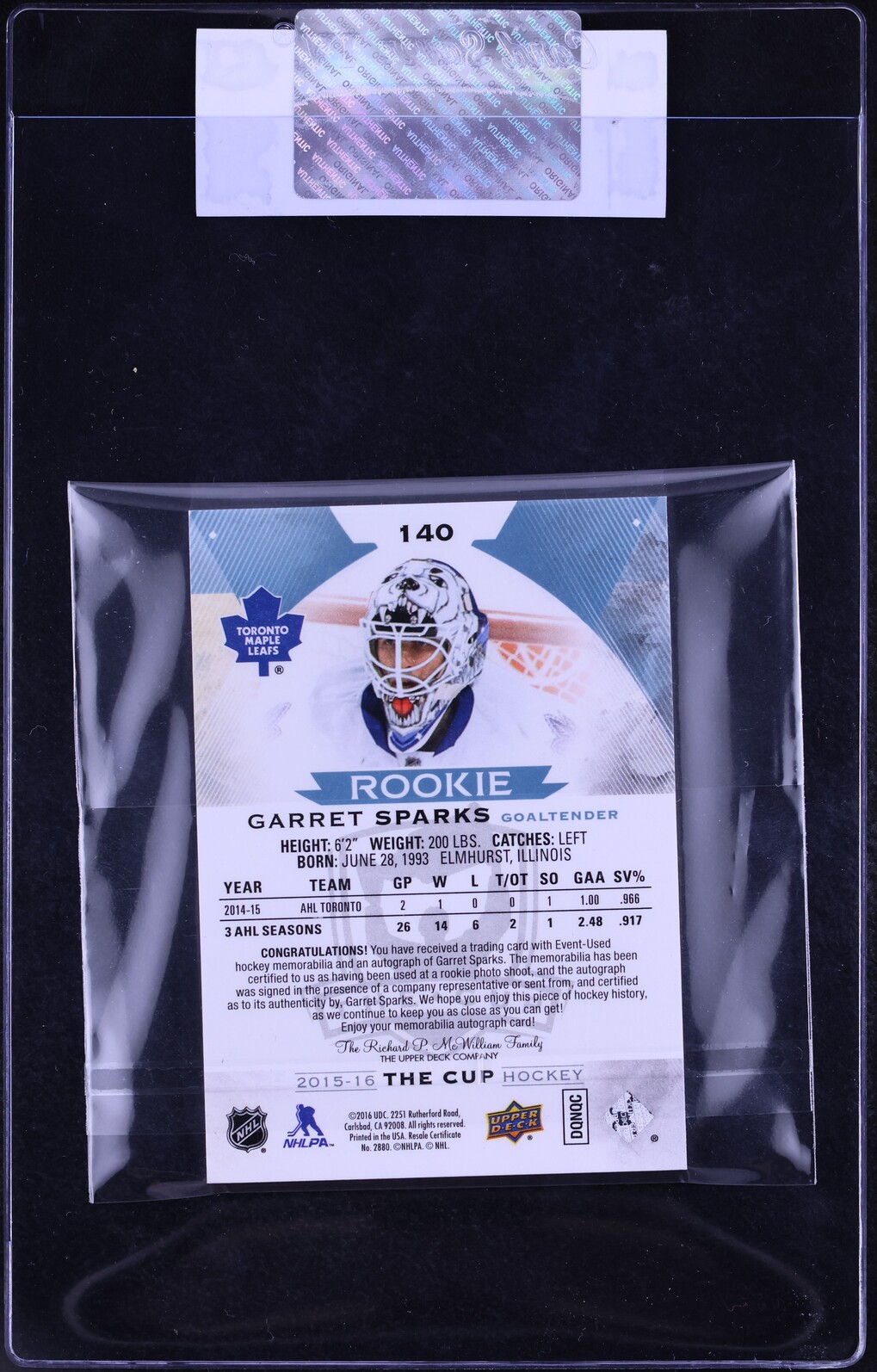 2015 Upper Deck The Cup Garret Sparks ROOKIE PATCH AUTO /249 #140 CGC AUTH