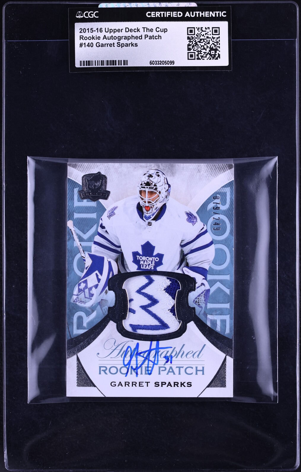 2015 Upper Deck The Cup Garret Sparks ROOKIE PATCH AUTO /249 #140 CGC AUTH