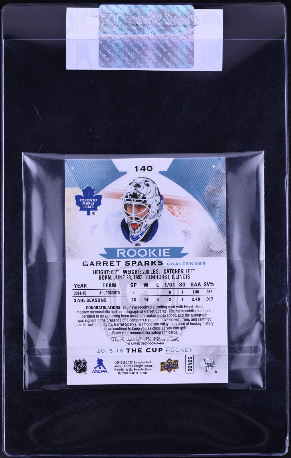 2015 Upper Deck The Cup Garret Sparks ROOKIE PATCH AUTO /249 #140 CGC AUTH