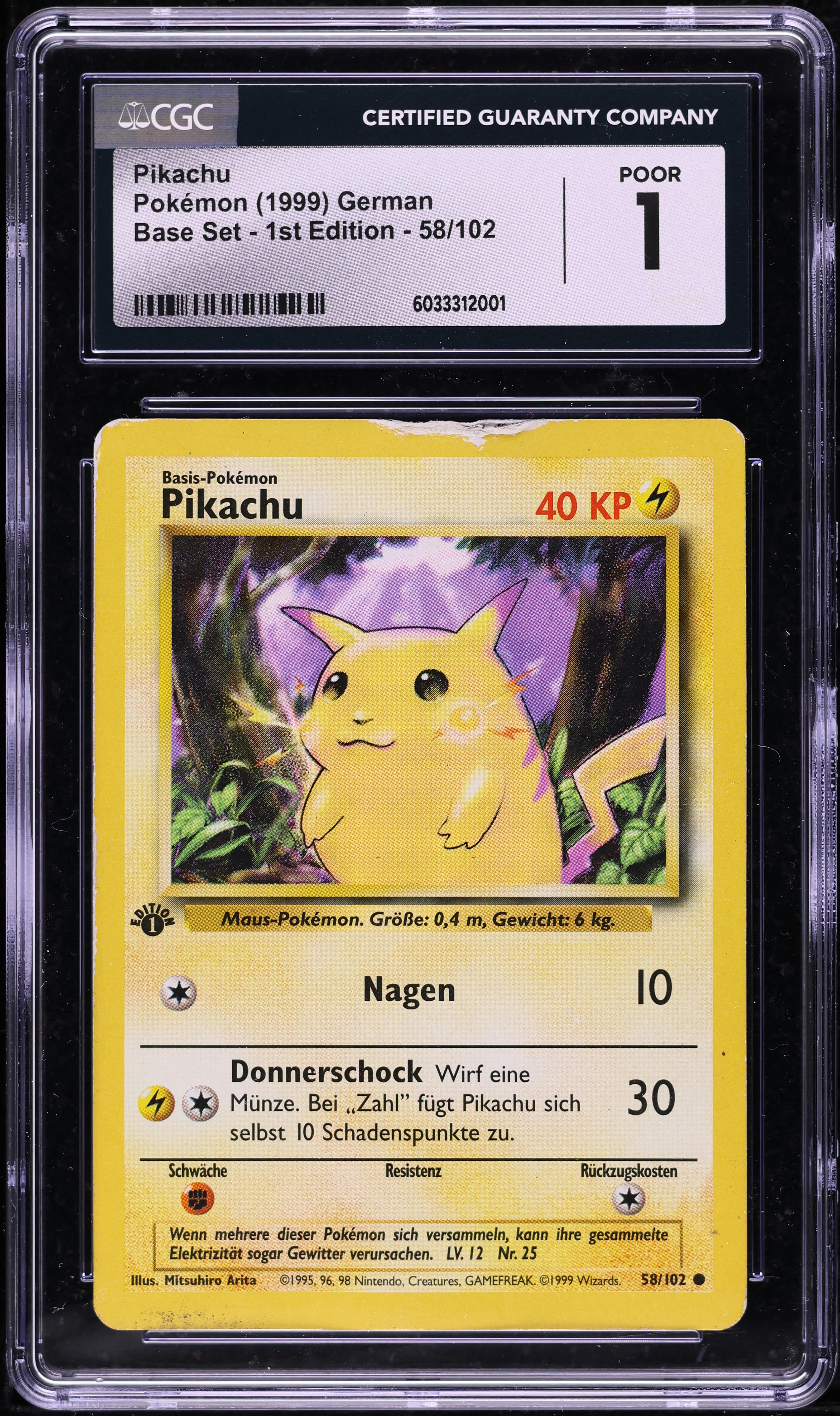 1999 Pokemon German Base Set 1st Edition Pikachu #58 CGC 1 PR on
