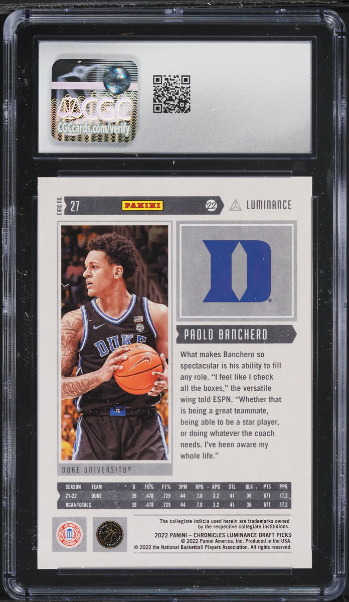 2022 Panini Chronicles Draft Picks Luminance Paolo Banchero ROOKIE #27 CGC 10