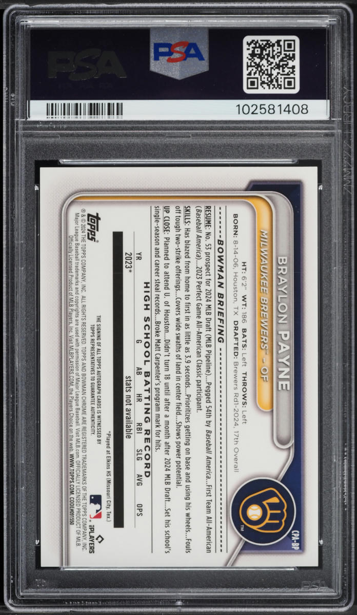2024 Bowman Draft Chrome Prospect Braylon Payne AUTO #CPABP PSA 10 GEM MINT
