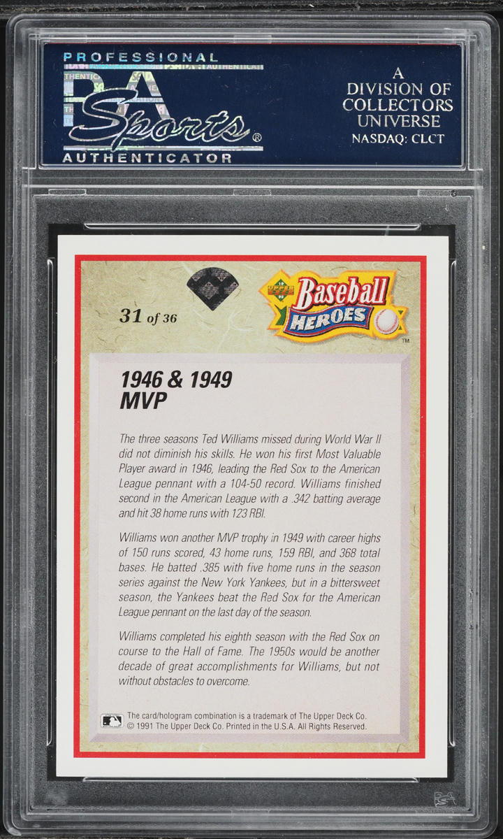 1992 Upper Deck Heroes Ted Williams #31 PSA 10 GEM MINT