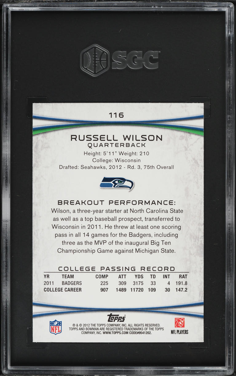 2012 Bowman Russell Wilson ROOKIE #116 SGC 10 GEM MINT