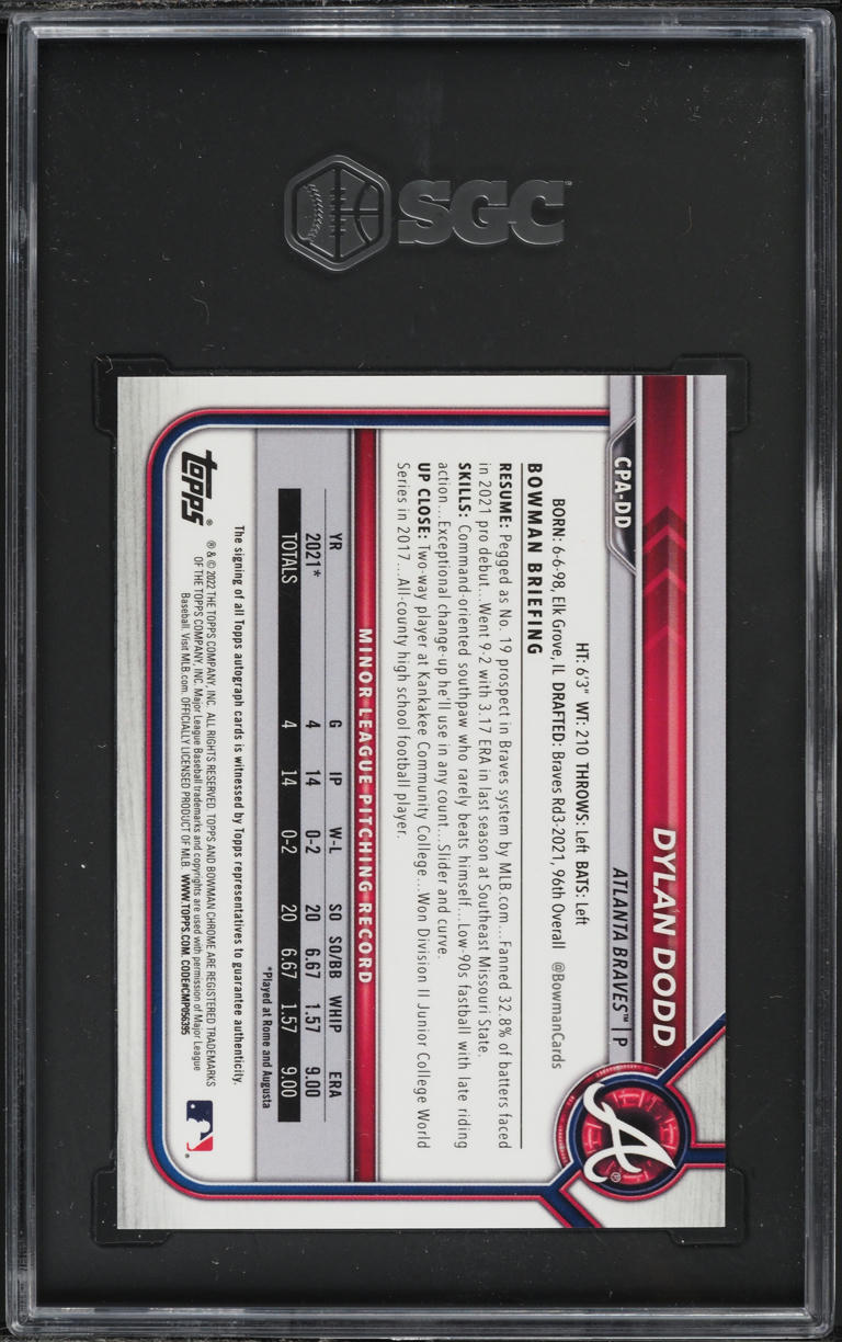 2022 Bowman Chrome Green Atomic Refractor Dylan Dodd PROSPECT AUTO /99 SGC 9.5