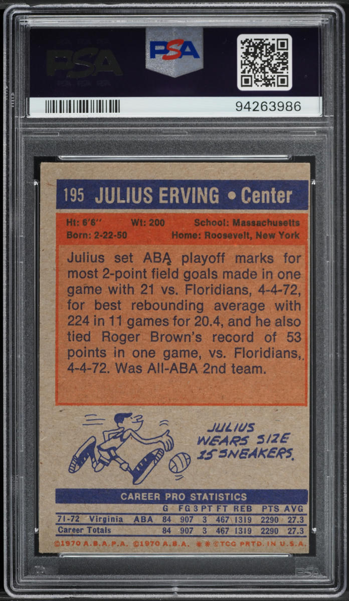 1972 Topps Basketball Julius Erving ROOKIE #195 PSA 5 EX