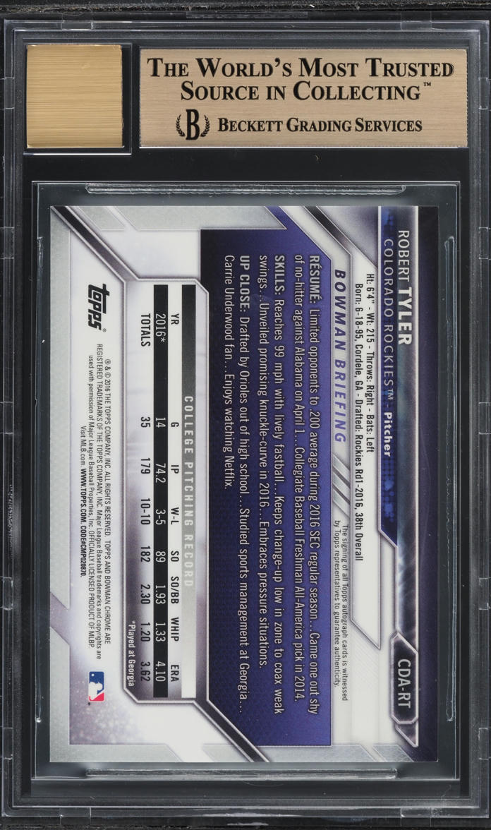 2016 Bowman Chrome Draft Pick Robert Tyler PROSPECT AUTO #CDA-RT BGS 9.5 GEM