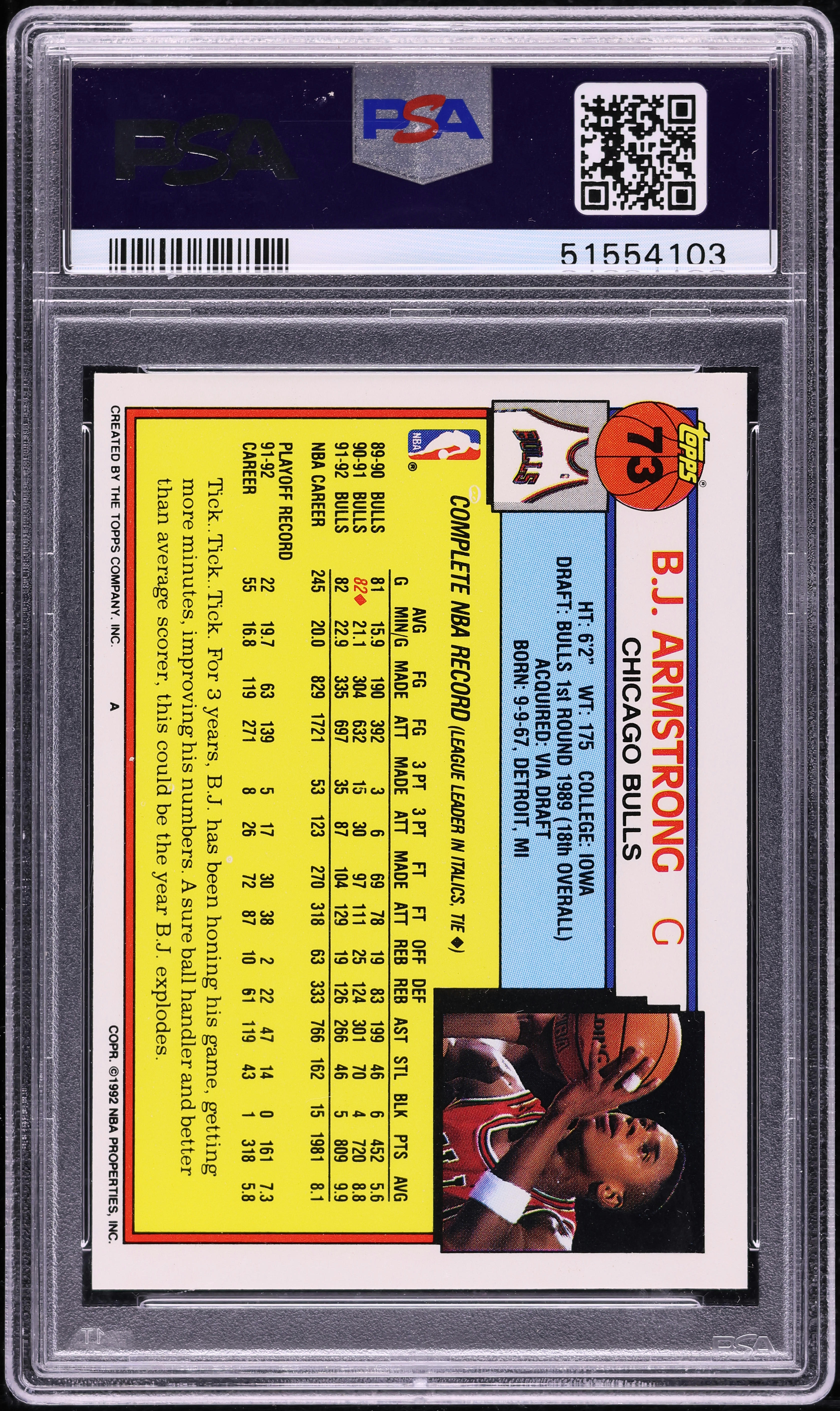 1992 Topps Basketball B.J. Armstrong #73 PSA 10 GEM MINT on
