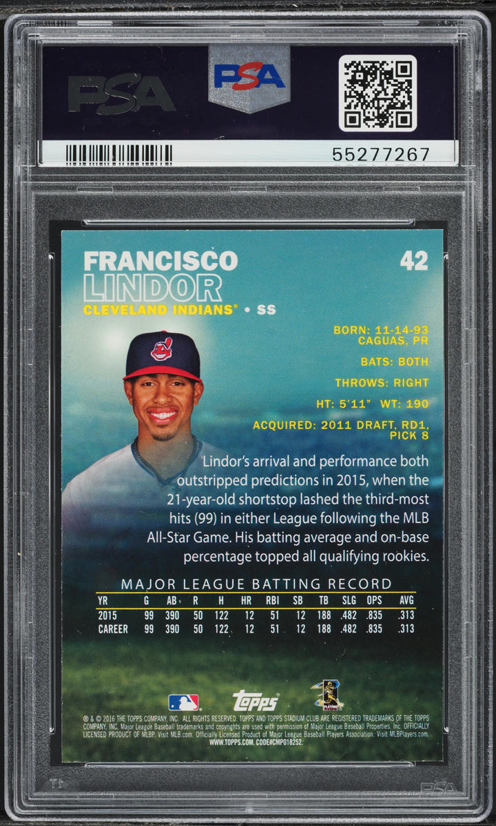 2016 Stadium Club Francisco Lindor ROOKIE #42 PSA 10 GEM MINT