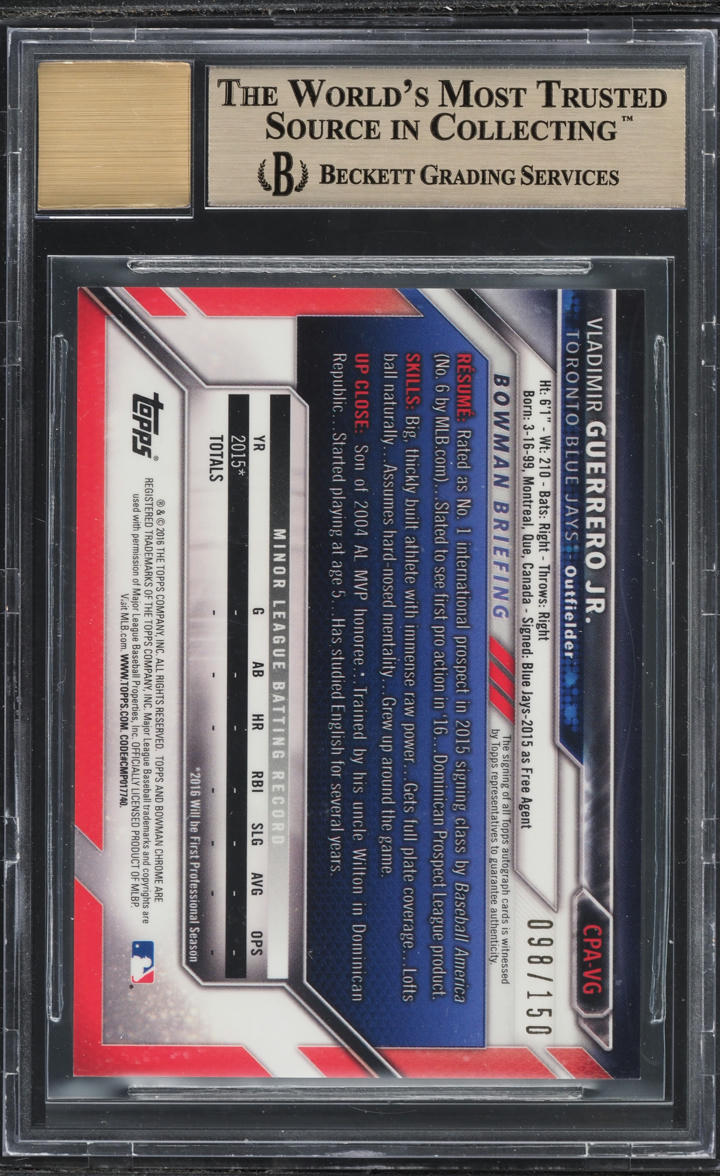 2016 Bowman Chrome Blue Vladimir Guerrero Jr. PROSPECT AUTO /150 BGS 9.5 GEM