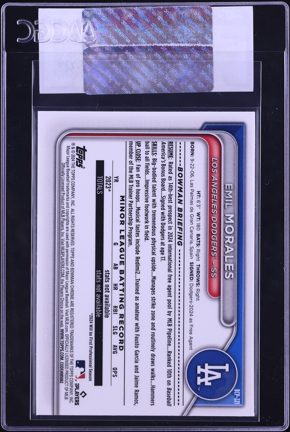 2024 Bowman Chrome Emil Morales PROSPECT #BCP-221 CGC AUTH