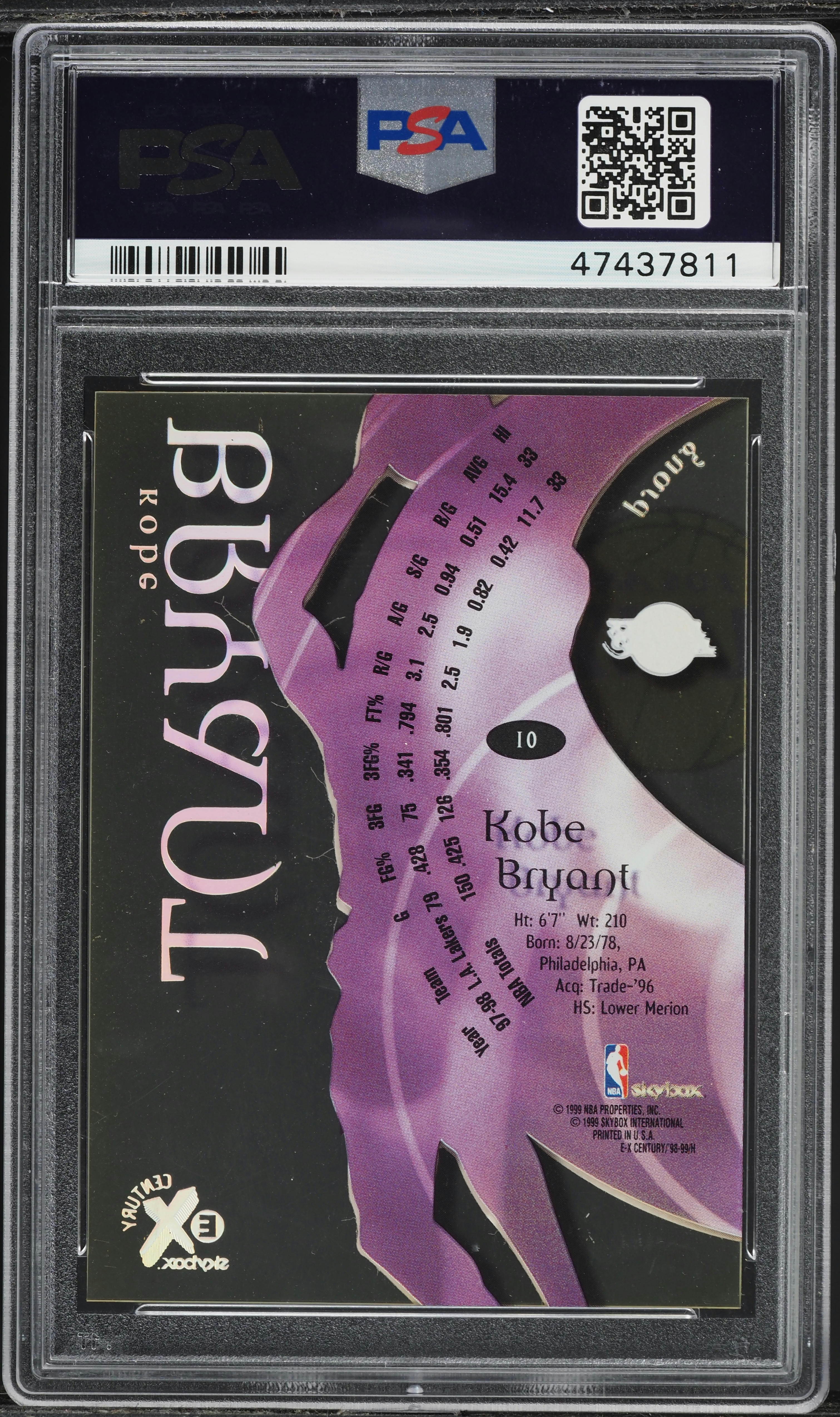 1998 Skybox E-X Century Kobe Bryant #10 PSA 9 MINT on Fanatics Collect