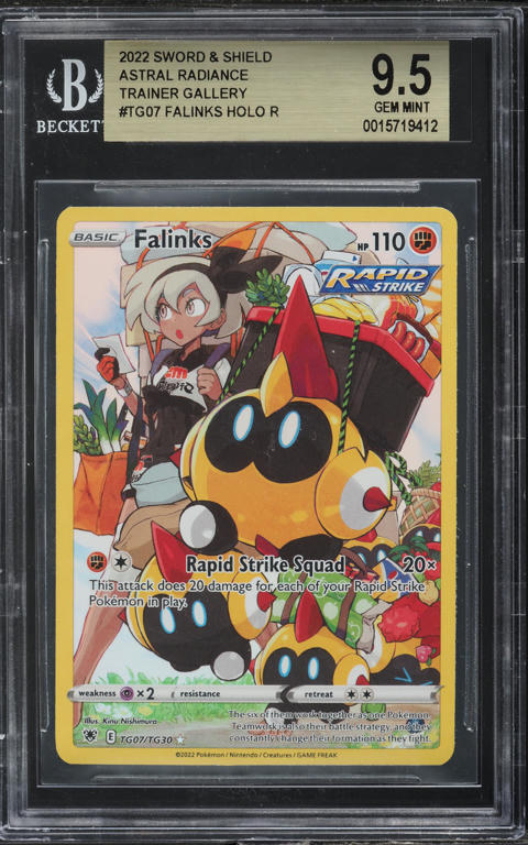 falinks rapid strike pokemon card value Looking at Falinks TG07, recent PSA 10s are closing near $109 on eBay. After the $18.99 grading cost, you're seeing about a 416% profit. Data from TCGplayer & eBay. Check https://gorillatcg.com to