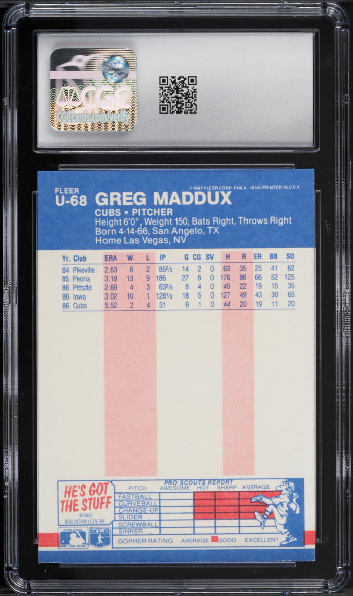 1987 Fleer Update Greg Maddux ROOKIE #U-68 CGC 8 NM-MT