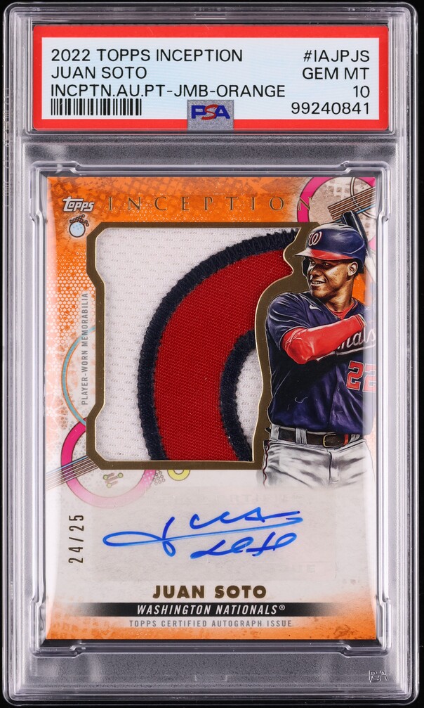 2022 Topps Inception Jumbo Orange Juan Soto PATCH AUTO /25 PSA 10