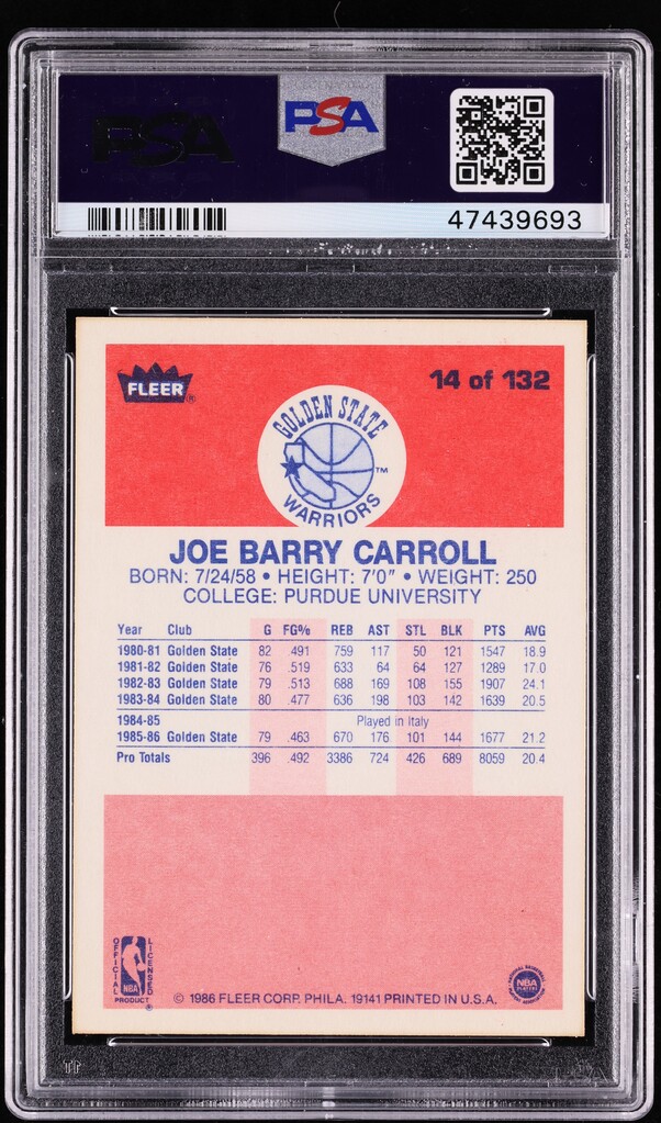 1986 Fleer Basketball Joe Barry Carroll #14 PSA 9 MINT