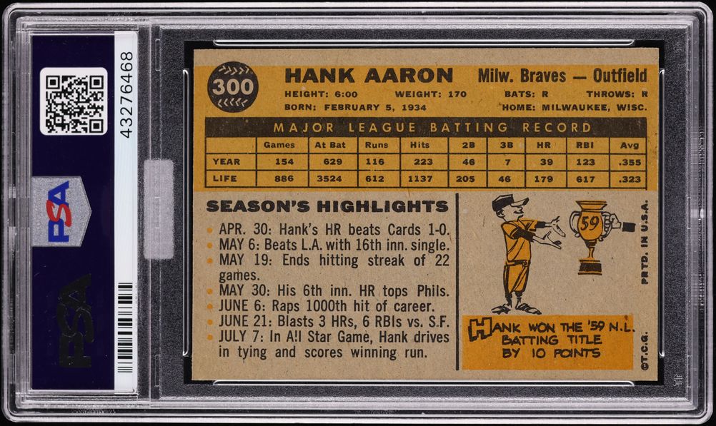 1960 Topps Hank Aaron #300 PSA 8.5 NM-MT+ MBA SILVER DIAMOND