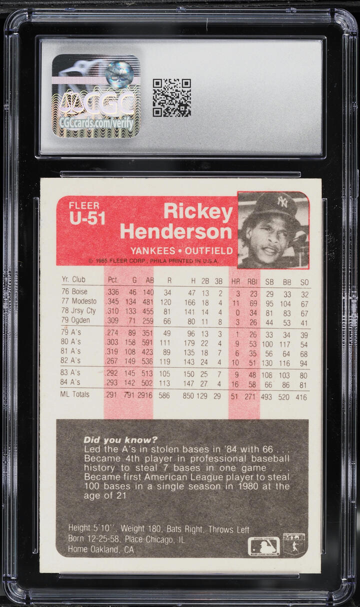 1985 Fleer Update Rickey Henderson #U-51 CGC 7 NRMT