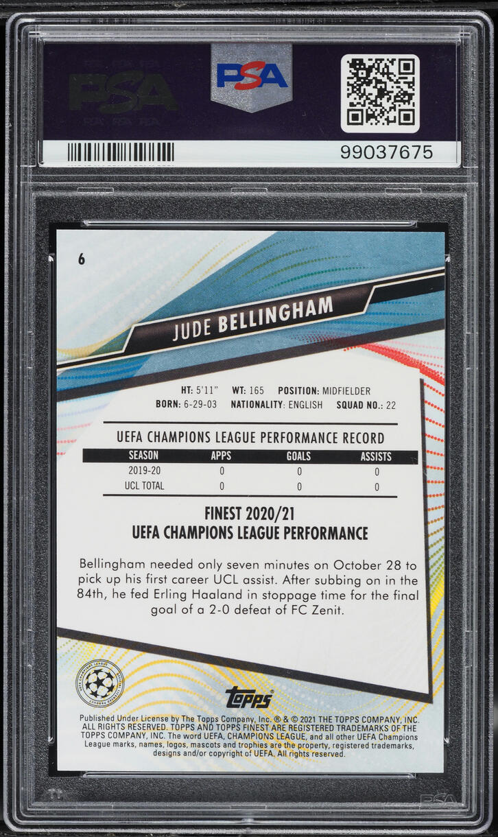 2020 Finest UEFA Champions League Jude Bellingham ROOKIE #6 PSA 9 MINT