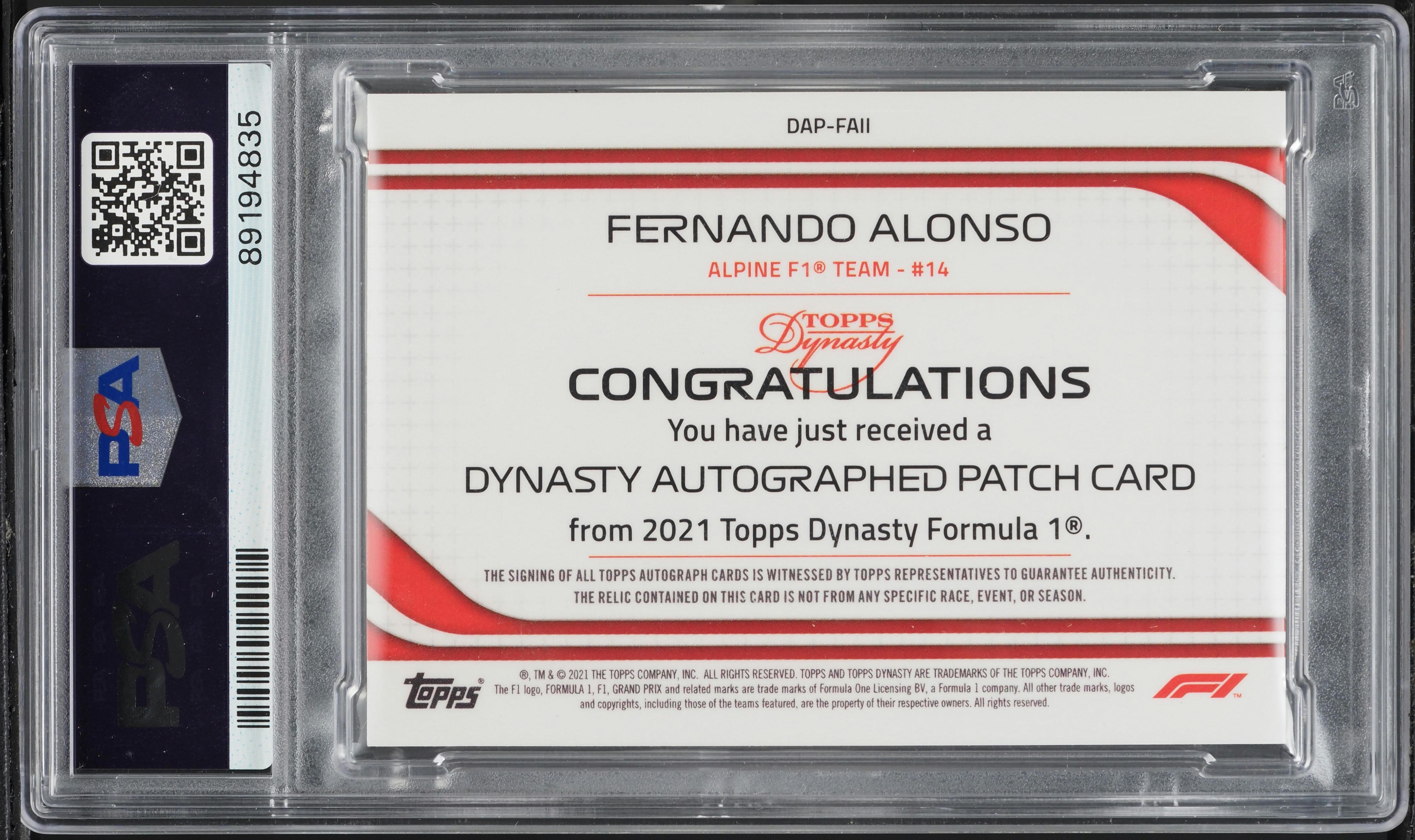 Carte Fernando Alonso 2021 Topps Chrome F1 Orange Checker Flag Refractor 10/25 Gradée PSA 9