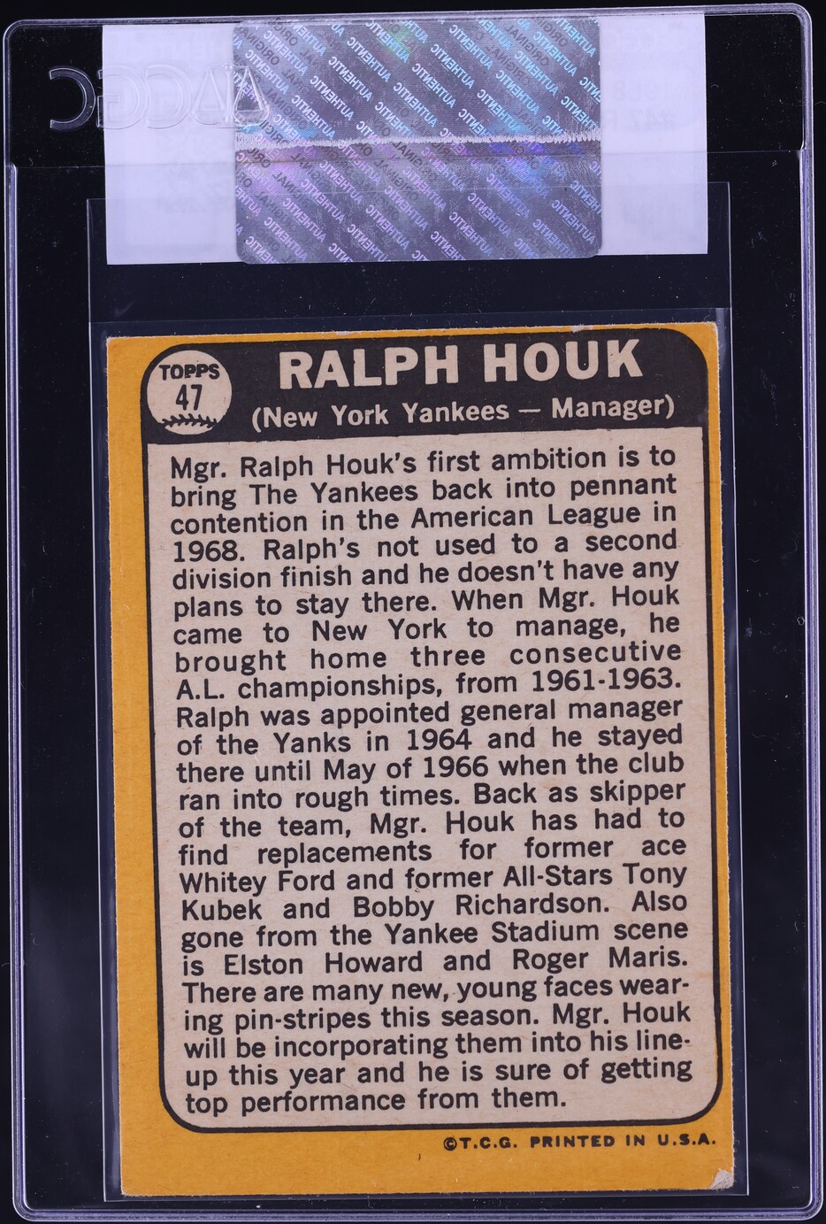 1968 Topps Ralph Houk #47 CGC AUTH