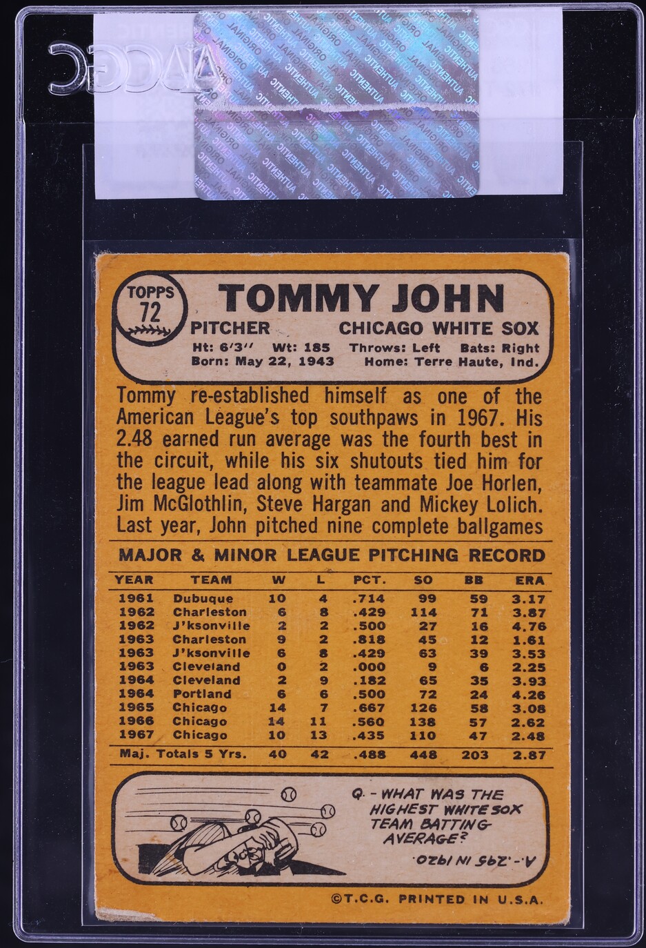 1968 Topps Tommy John #72 CGC AUTH