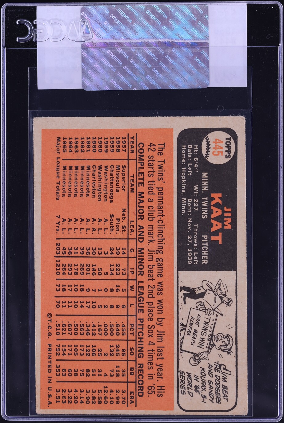 1966 Topps Jim Kaat #445 CGC AUTH