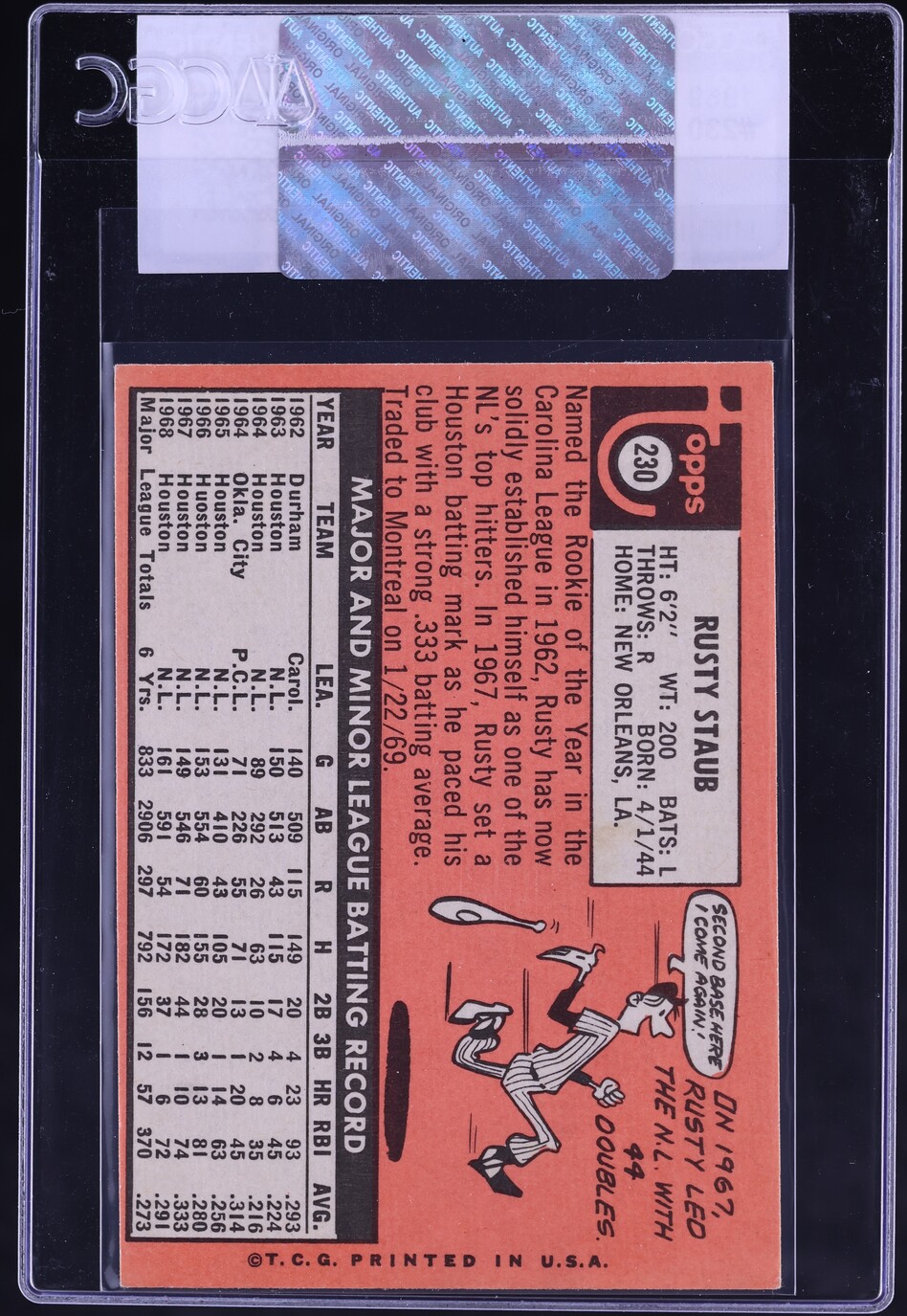 1969 Topps Rusty Staub #230 CGC AUTH