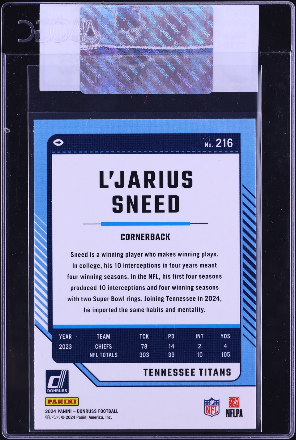 2024 Donruss Football L'Jarius Sneed #216 CGC AUTH