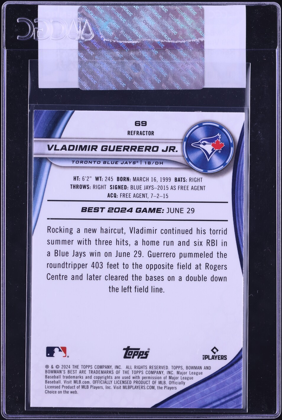 2024 Bowman's Best Refractor Vladimir Guerrero Jr. #69 CGC AUTH