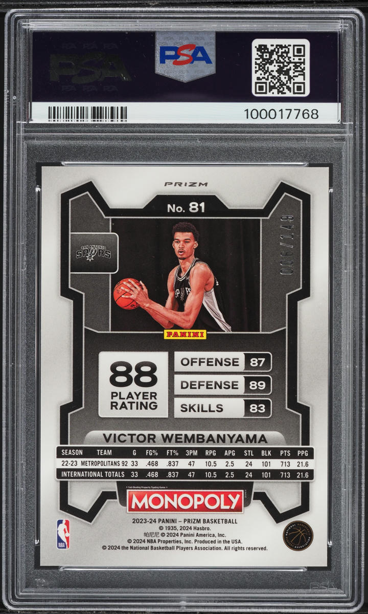 2023 Panini Prizm Monopoly Pink Victor Wembanyama ROOKIE /149 #81 PSA 9 MINT
