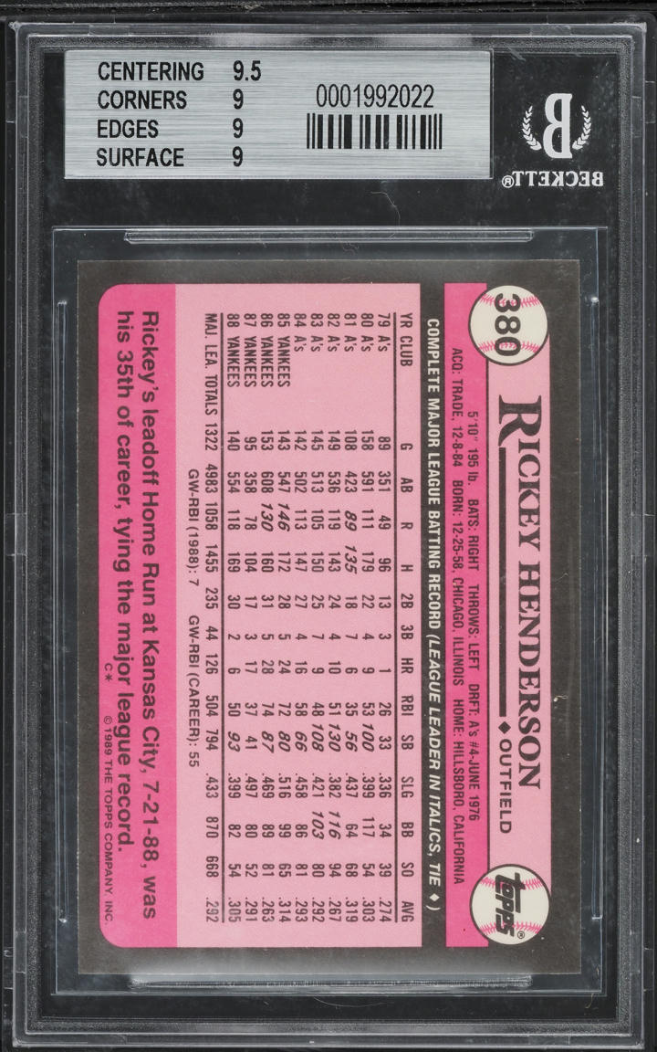 1989 Topps Tiffany Rickey Henderson #380 BGS 9 MINT