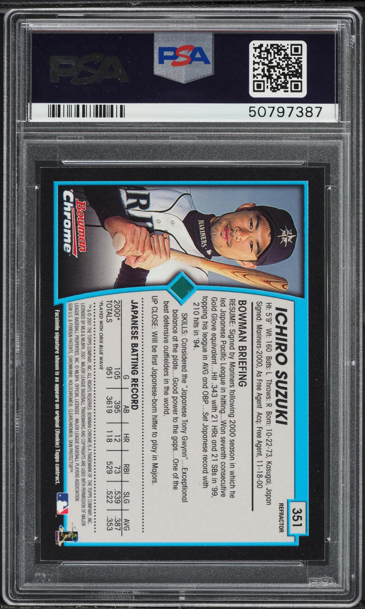 2001 Bowman Chrome Refractor Ichiro Suzuki ROOKIE #351 PSA 9 MINT