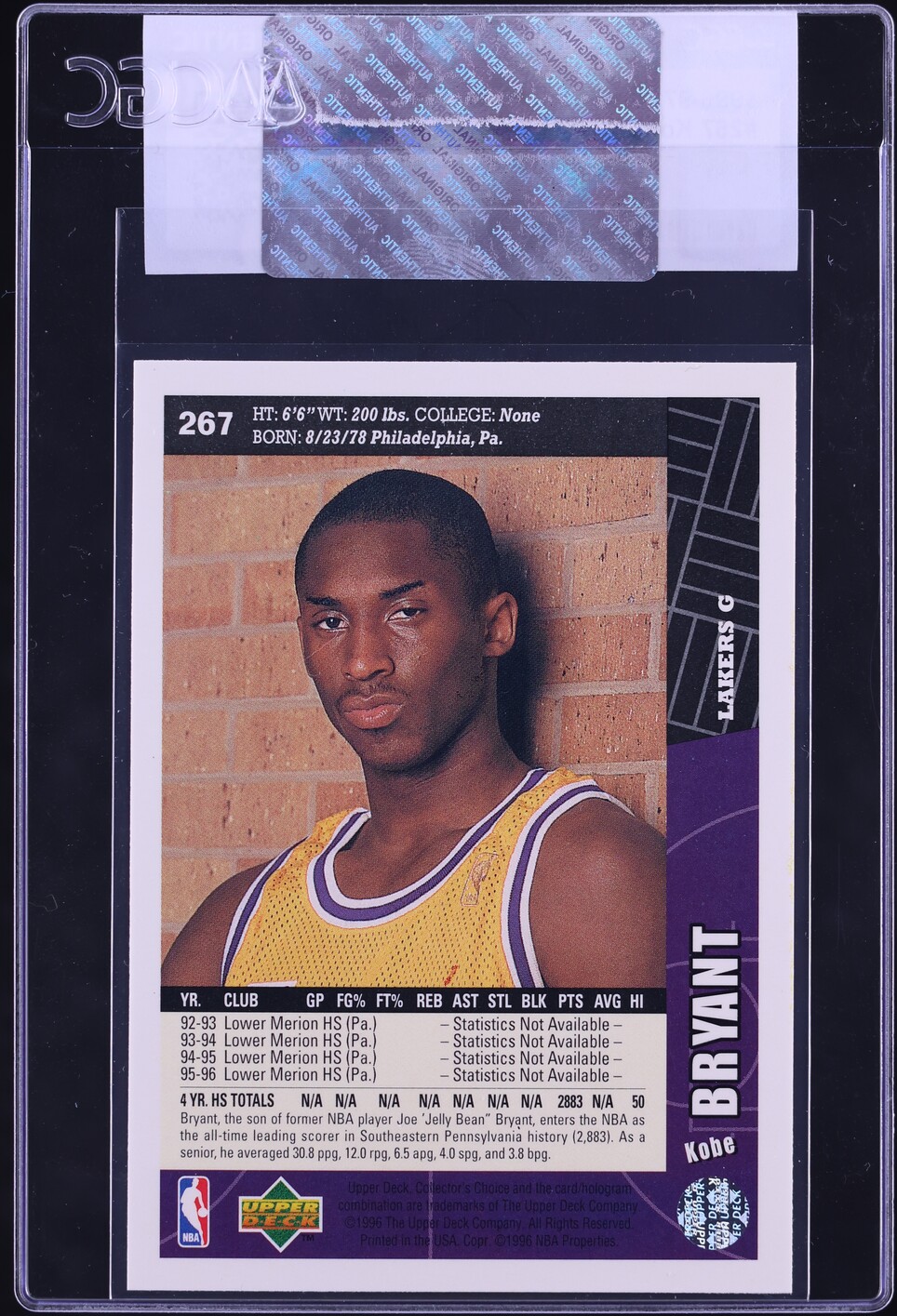 1996 Collector's Choice Kobe Bryant ROOKIE #267 CGC AUTH