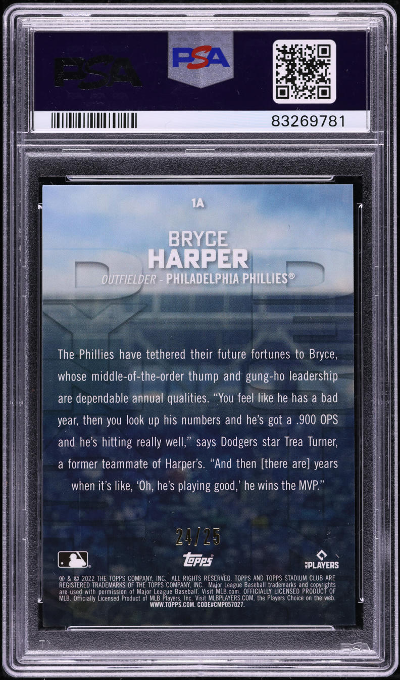 2022 Stadium Club Chrome Dynasty & Destiny Orange Ref. Bryce Harper /25 PSA 10