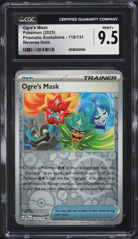 2025 Pokemon SV Prismatic Evolutions Reverse Holo Ogre's Mask #118 CGC 9.5 MINT+