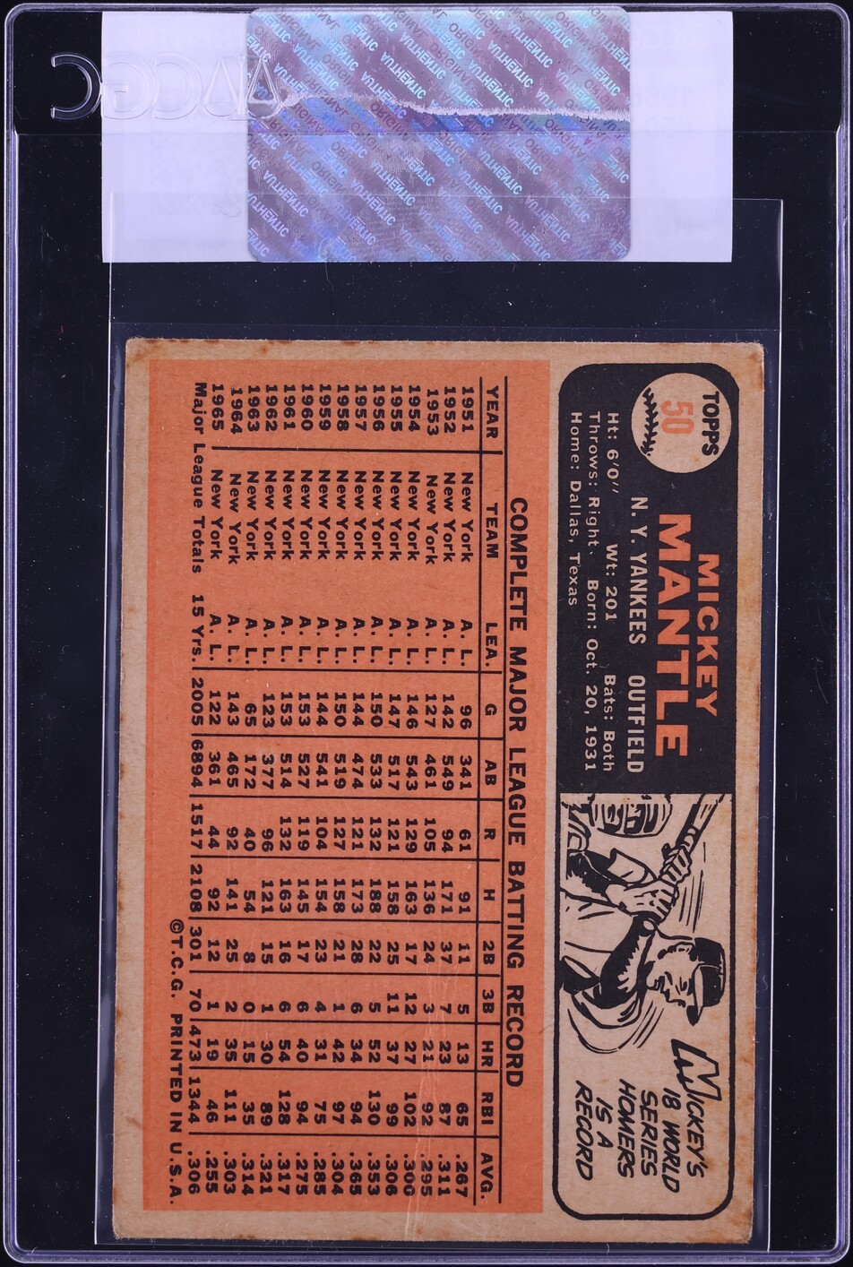 1966 Topps Mickey Mantle #50 CGC AUTH