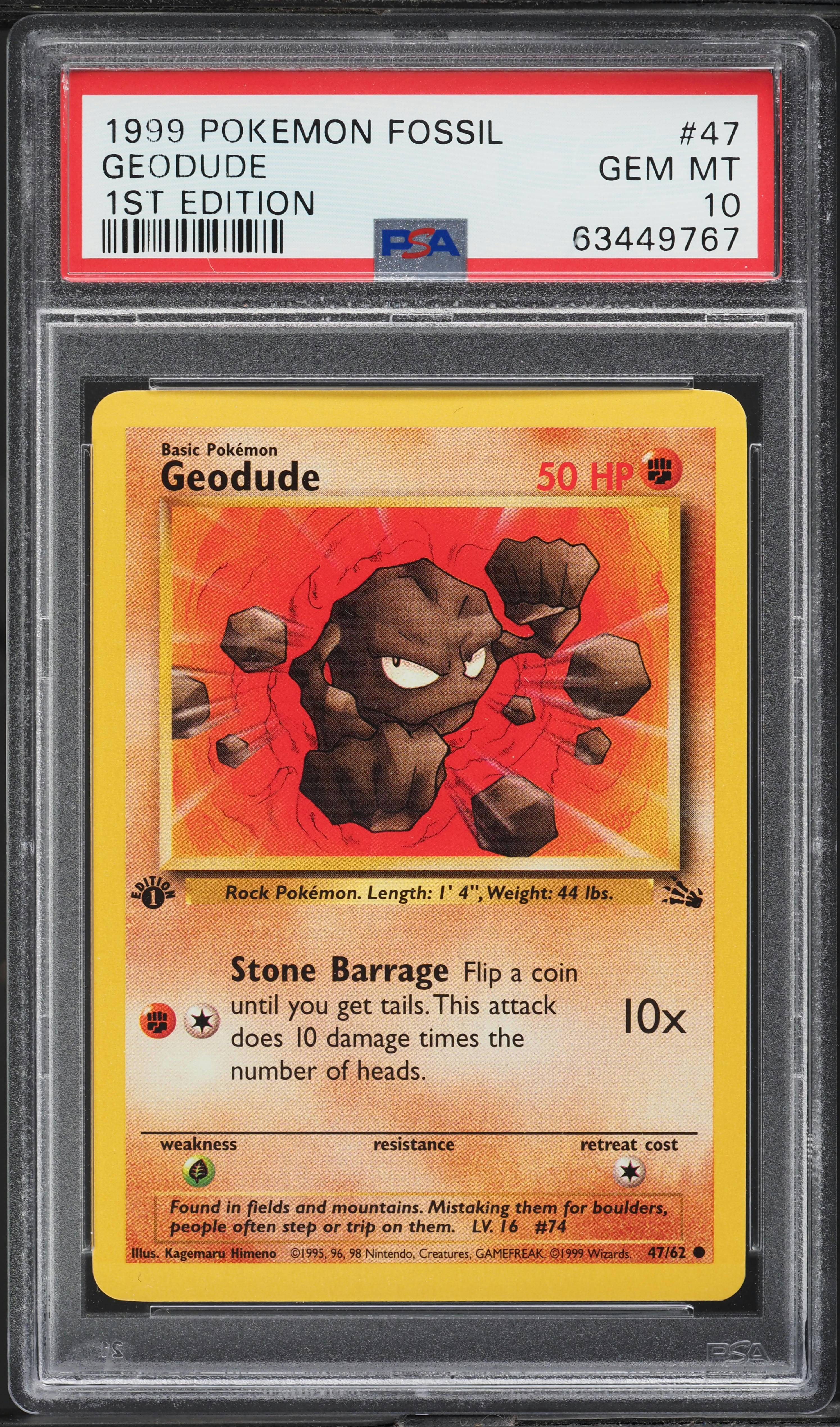 1999 Pokemon Fossil 1st Edition Geodude #47 PSA 10 GEM MINT on