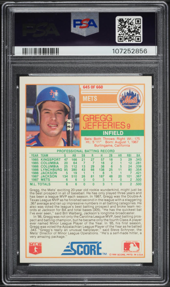 1988 Score Glossy Gregg Jefferies ROOKIE #645 PSA 8 NM-MT