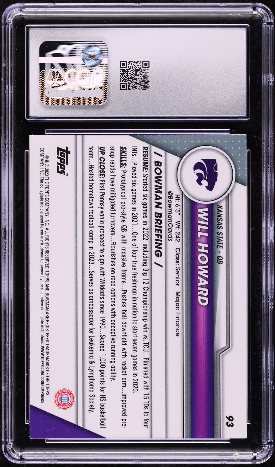 2023 Bowman Chrome University Will Howard ROOKIE #93 CGC 10 GEM MINT