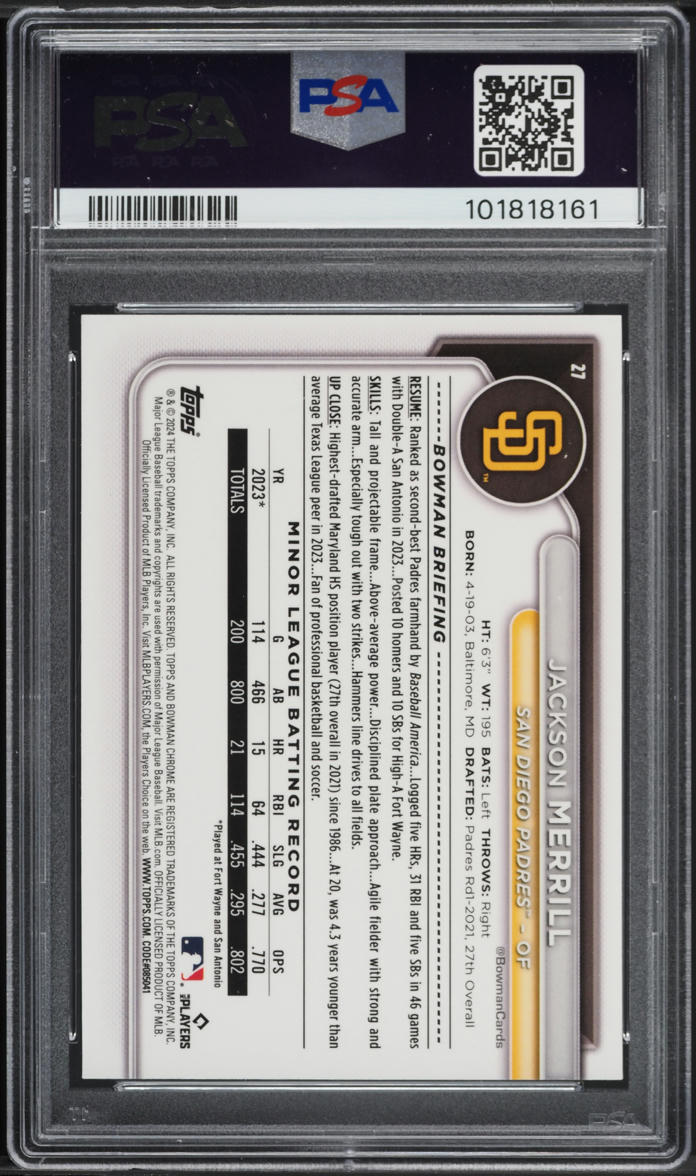 2024 Bowman Chrome Jackson Merrill ROOKIE #27 PSA 9 MINT