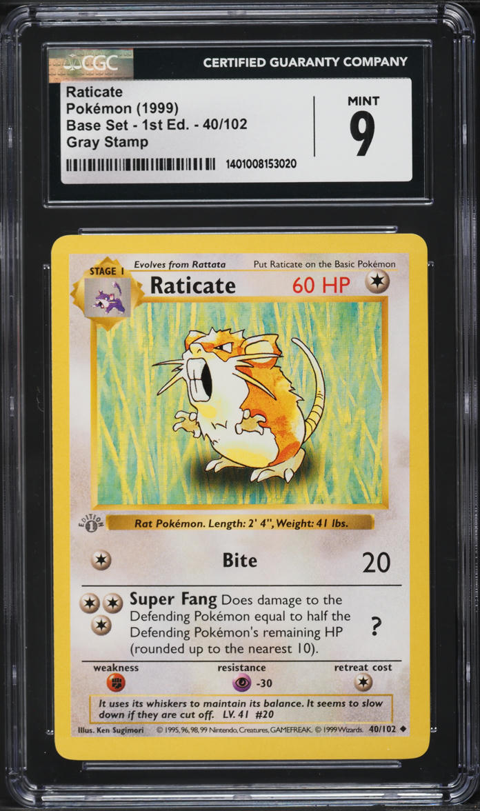 1999 Pokemon Base Set Shadowless 1st Edition Gray Stamp Raticate #40 CGC 9 MINT