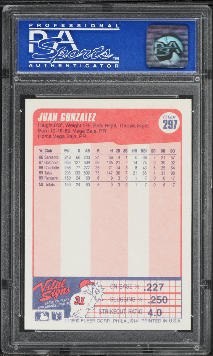 1990 Fleer Juan Gonzalez ROOKIE #297 PSA 8 NM-MT