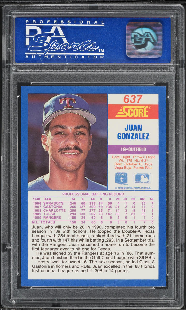 1990 Score Juan Gonzalez ROOKIE #637 PSA 8 NM-MT