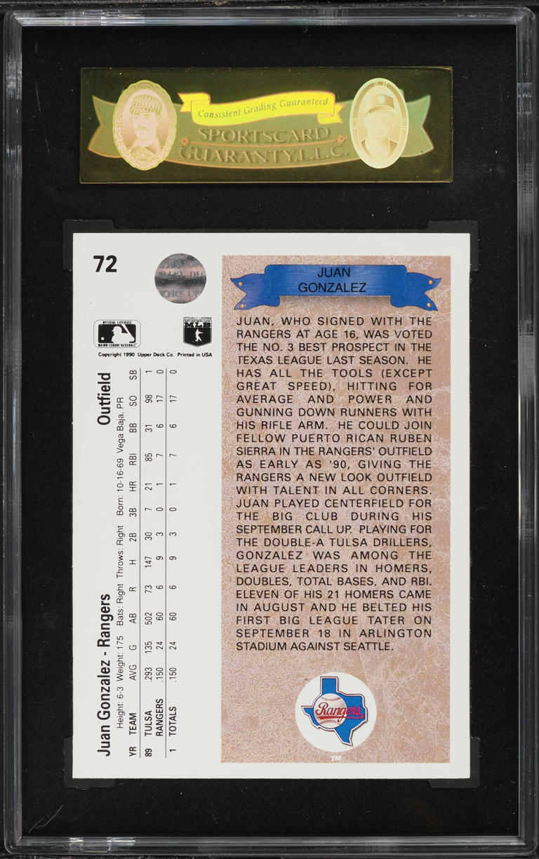 1990 Upper Deck Juan Gonzalez ROOKIE #72 SGC 8.5 NM-MT+