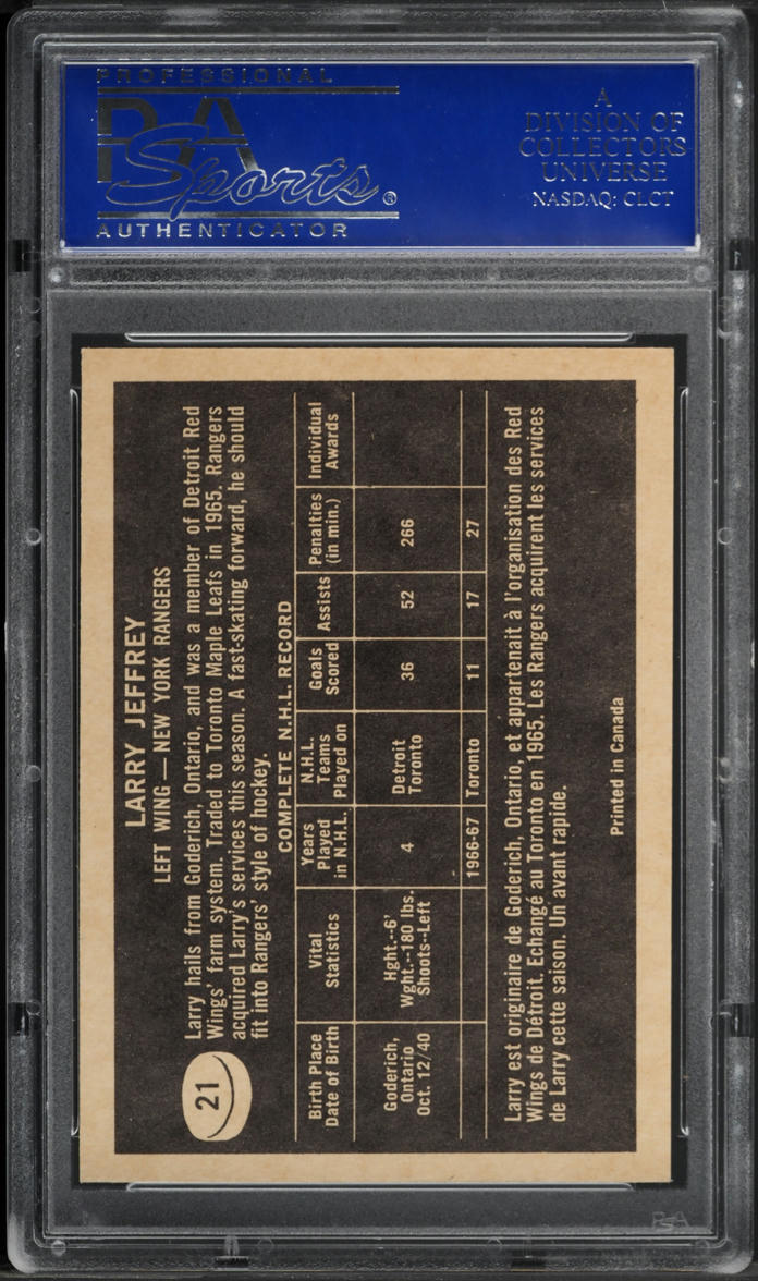 1967 Topps Hockey Larry Jeffrey #21 PSA 9 MINT