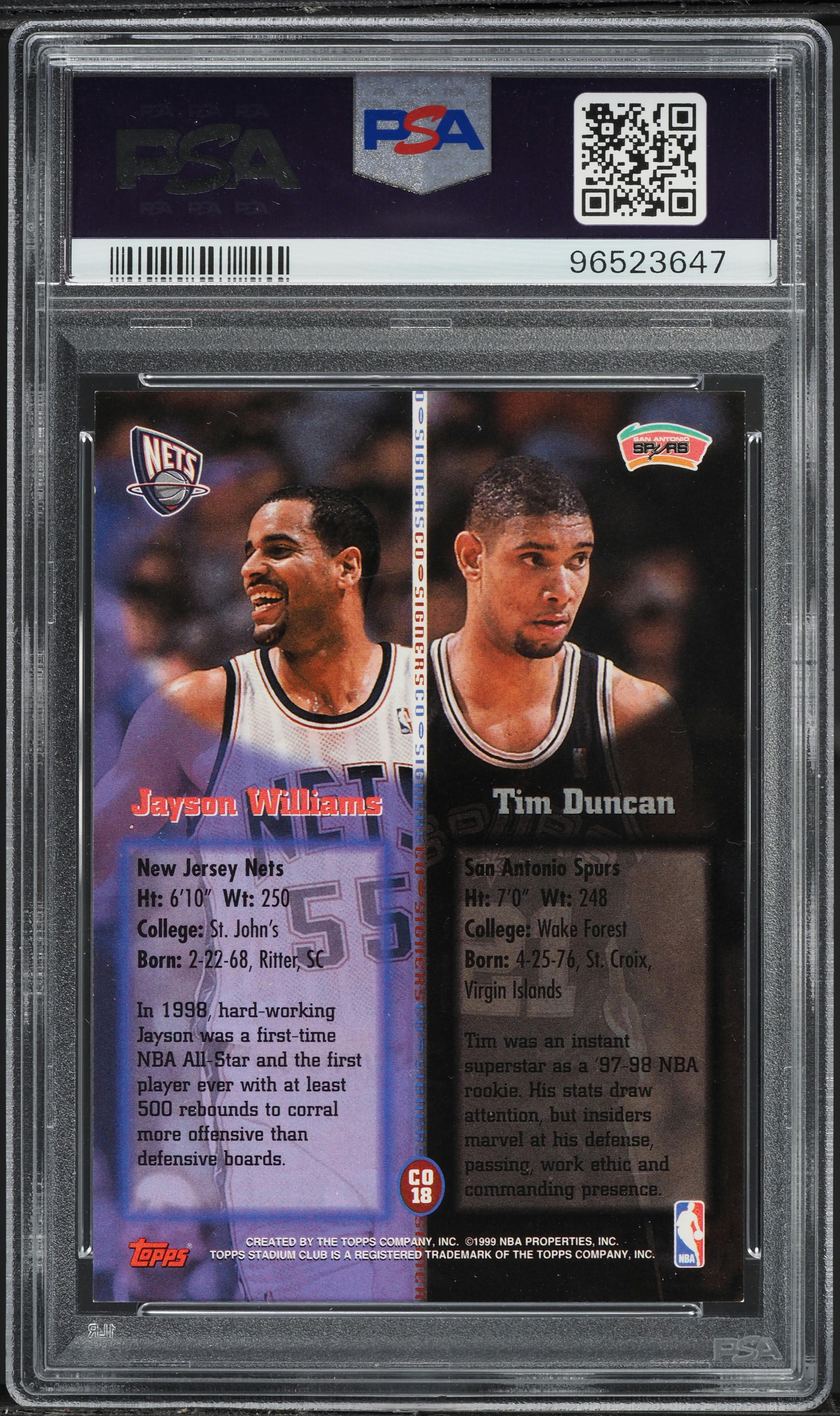 1998 Stadium Club Co-Signers Jayson Williams & Tim Duncan AUTO