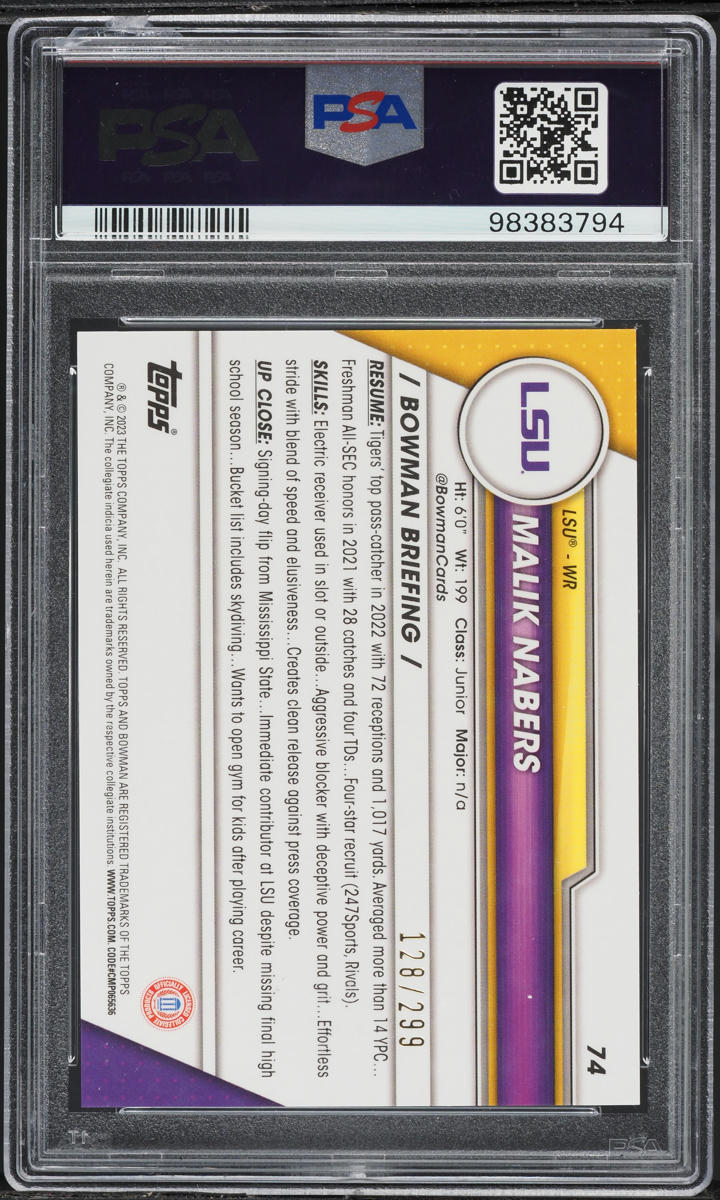 2023 Bowman University Chrome Aqua Refractor Malik Nabers /299 #74 PSA 10 GEM