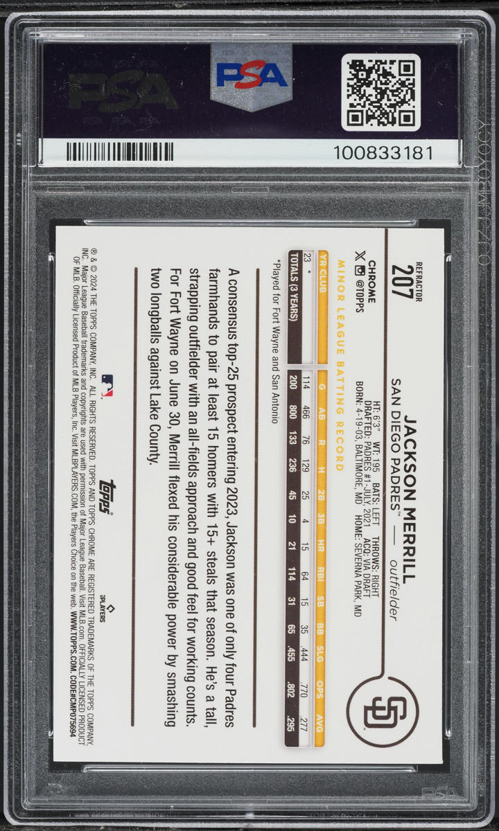 2024 Topps Chrome Refractor Jackson Merrill ROOKIE #207 PSA 10 GEM